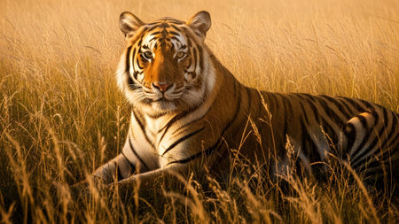 showing tiger lying down in tall golden grass with sunlight illuminating its fur.の写真素材