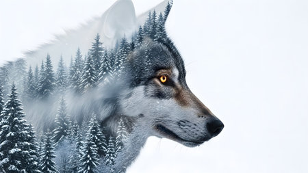 A wolf's profile with bright yellow eyes is blended with a snowy pine forest.... wolf,...の写真素材