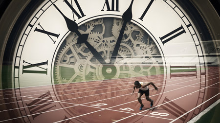 A runner on a track is overlaid with a large clock face featuring Roman numerals and intricate...の写真素材