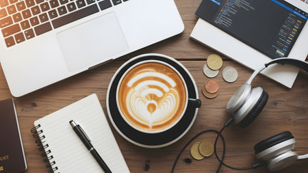 Overhead view of a wooden desk with a laptop, coffee with wifi headphones, notebook, and coins.の写真素材