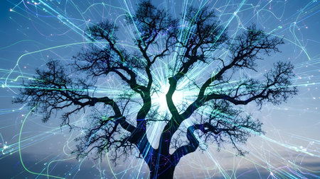 showing silhouette of a bare tree with abstract blue and green light streaks against a...の写真素材