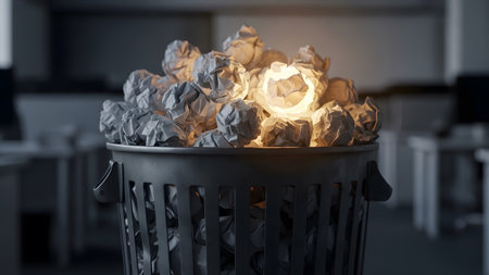 showing trash can overflowing with crumpled paper with one glowing bright white ball of...の写真素材