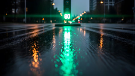 showing wet city street at night with green and orange traffic light reflections in...の写真素材