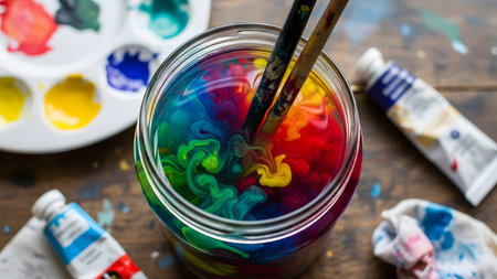 Swirl showing vibrant rainbow paint colors swirling in a glass jar with brushes paint,...の写真素材