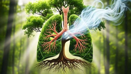 Lungs showing human lungs shaped like a lush green tree with smoke exhaling. resolution...の写真素材