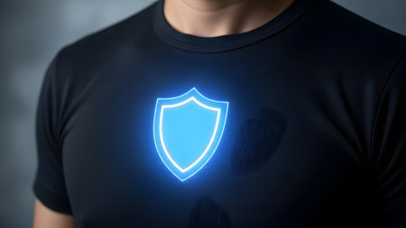 showing close-up of a person wearing a dark t-shirt with a glowing blue shield symbol on...の写真素材