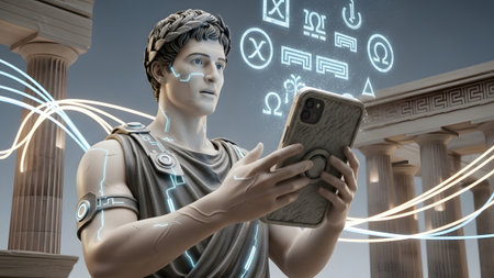 A marble statue of a classical Greek man holds a smartphone displaying holographic symbols and...の写真素材