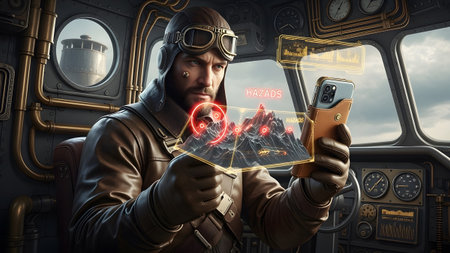 An aviator wearing goggles and a leather jacket examines a holographic map on a smartphone...