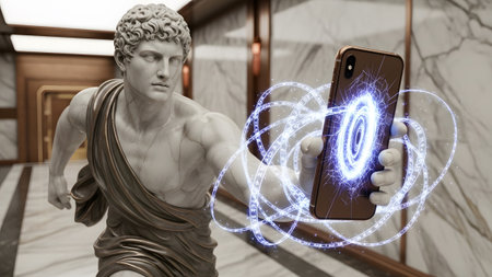 Greek showing ancient greek statue holding a smartphone displaying a glowing digital portal with...の写真素材