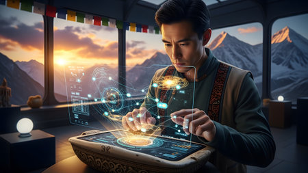 Man in traditional attire uses a holographic display showing glowing network nodes and data charts.