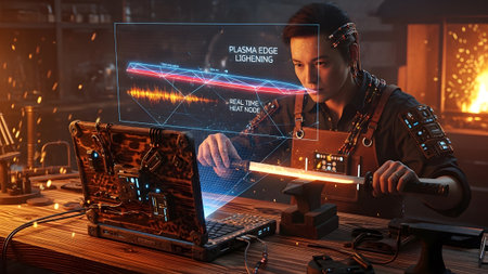 With showing asian craftsman working with glowing plasma edge sword and futuristic laptop in a...の写真素材