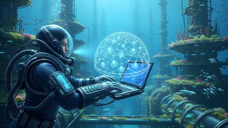 An astronaut in a deep sea suit uses a laptop with a holographic network in an underwater city.