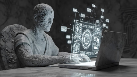 Interacting showing ancient roman statue interacting with futuristic holographic data display on...