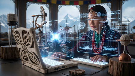 Asian woman in traditional clothing using a laptop with holographic in a lab.