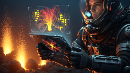 With astronaut in advanced suit examines holographic data projection of a fiery...