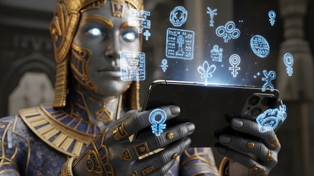 With showing ancient egyptian robot interacting with holographic symbols on a smartphone.