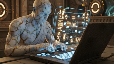 A cracked marble statue with gold veins sits at a desk, interacting with a glowing orange and...
