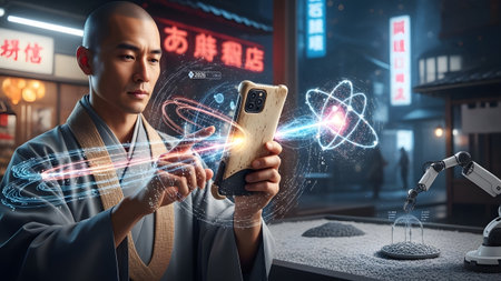Asian man in traditional robes uses smartphone projecting atomic hologram in a futuristic city...