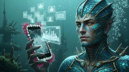 Blue showing aquatic humanoid with scaly blue skin holding a smartphone displaying city...