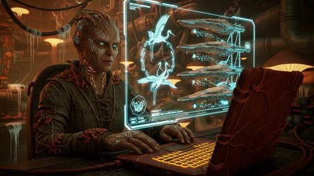 An alien being with glowing eyes uses a laptop displaying holographic ship in a dimly lit,...