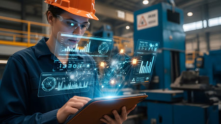 A woman wearing safety gear holds a tablet projecting glowing holographic charts and data in a...