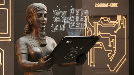 Ancient mesopotamian statue interacting with futuristic holographic technology....の写真素材