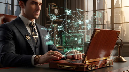 A man in a suit uses a laptop displaying a glowing financial data network with charts and graphs...