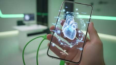 Blue showing close-up of a hand holding a smartphone displaying a blue holographic human heart...