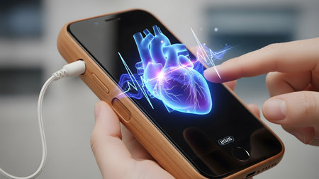 Blue showing close-up of hands holding smartphone displaying glowing blue heart and ekg.