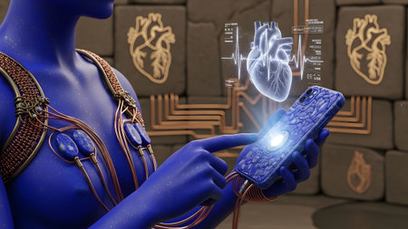Blue showing blue humanoid figure interacting with smartphone displaying holographic heart in a...