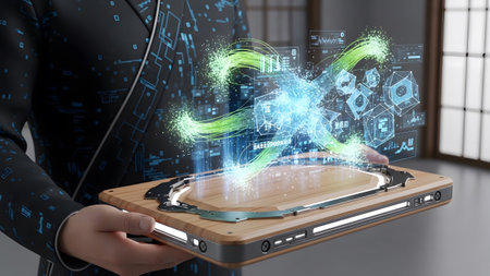 A close-up a person holding a tablet displaying a vibrant green and blue abstract digital data...