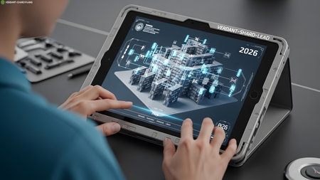 Hands showing close-up of hands touching a tablet displaying a 3d architectural blueprint with...
