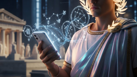 With showing close-up of a roman figure holding a smartphone with glowing constellation and...の写真素材