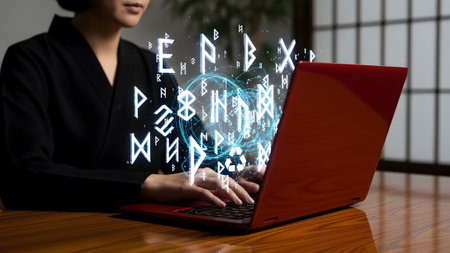 A close-up hands typing on a red laptop with glowing blue ancient runes and a digital interface...