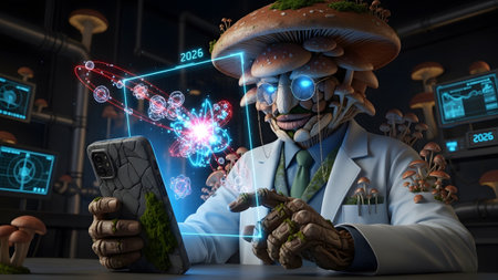 A fungal scientist in a white lab coat uses a smartphone with a glowing holographic interface in...の写真素材