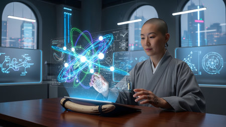 Woman showing bald woman in grey kimono interacting with a vibrant neon atom hologram on a...の写真素材