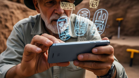An older man with a beard uses a smartphone to view holographic ancient Egyptian hieroglyphs at...
