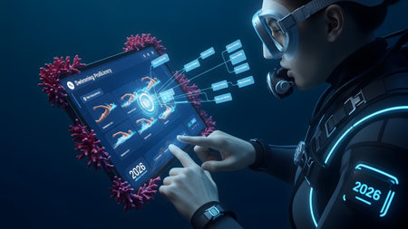 A scuba diver wearing a mask and regulator touches a holographic tablet displaying swimming...の写真素材