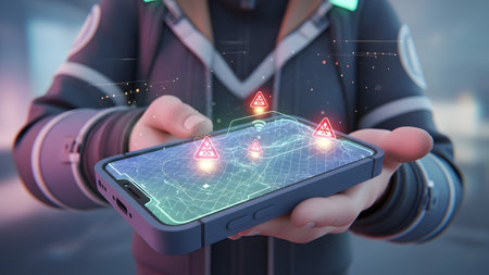 With showing close-up of hands holding smartphone displaying augmented reality map with warning...