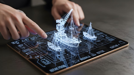 A finger points at a glowing blue 3D wireframe ship model and its detailed blueprint on a tablet.