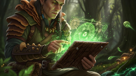 An elder man with tribal markings touches a tablet displaying a glowing green holographic...