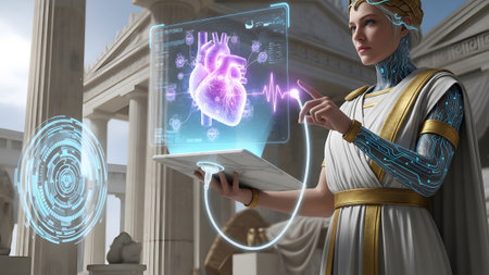 Greek showing cyborg woman in ancient greek attire analyzing holographic heart data in classical...