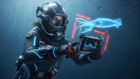 A female scuba diver in a high-tech suit checks a device showing holographic squid proximity and...の写真素材