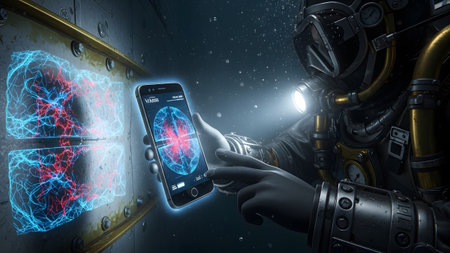 A diver in a retro suit holds a smartphone showing a glowing energy pattern near a luminous panel.