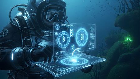 A diver in a futuristic suit holds a glowing blue holographic tablet displaying symbols and data...