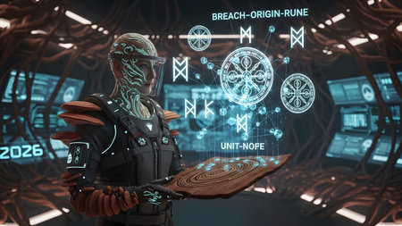 With showing futuristic woman in sci-fi armor interacting with glowing holographic runes and...の写真素材