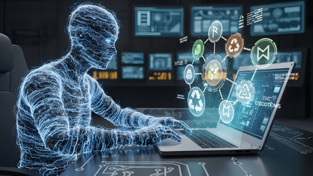 A glowing digital human figure uses a laptop showing recycling symbols and complex data interfaces.