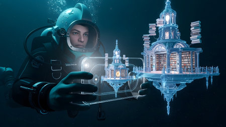 A diver in a vintage suit holds a smartphone projecting a holographic underwater library with...