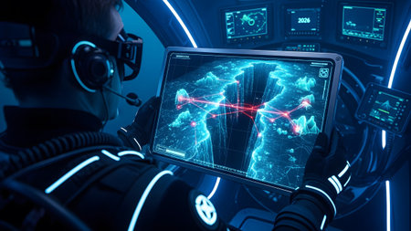 Ppaa showing diver in futuristic suit in cockpit viewing a holographic map of a deep sea trench...