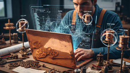 Analysis showing engineer using a copper laptop with holographic data projections and intricate...の写真素材